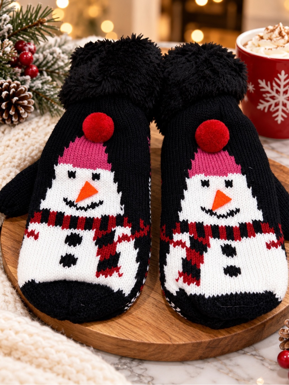 Cozy Black Snowman Holiday Mittens with Pink Hat and Red Pom